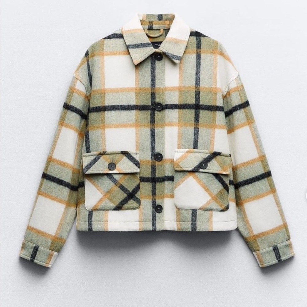 ZARA Patch Pocket Plaid Overshirt Flannel Shacket Long Sleeve size extra small